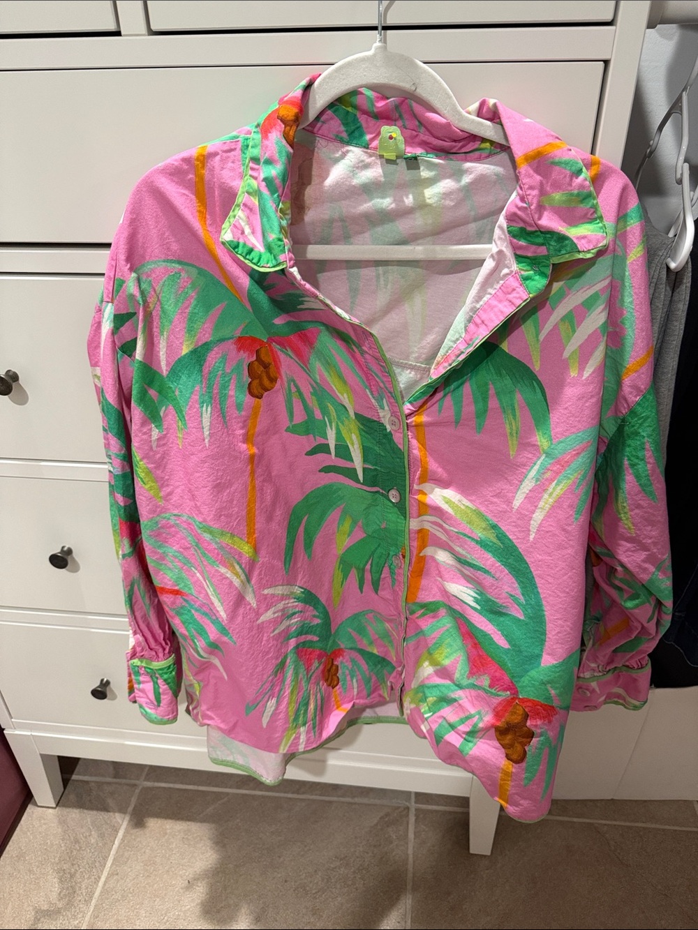 FARM Rio Pink Palm-Print Button-Down Shirt with Green Palms and Orange Trunks